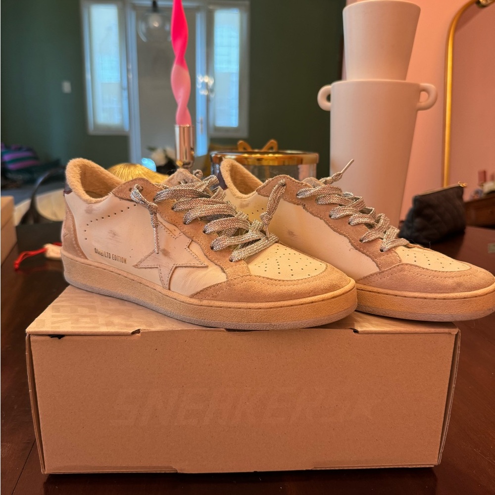 Golden Goose Tan and Cream Star Sneakers